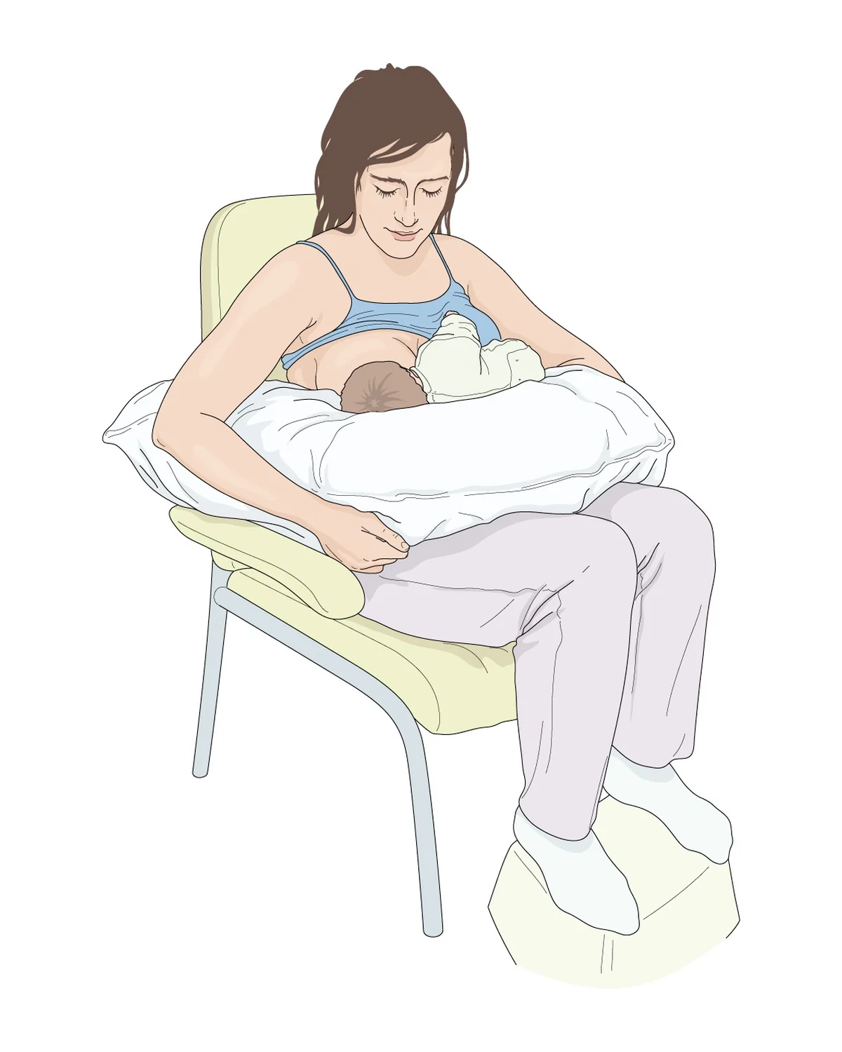 Allaitement en position assise — Assise, le dos soutenu, la mère installe le nouveau-né sur un coussin d'allaitement, ventre contre ventre, bouche face au mamelon.
