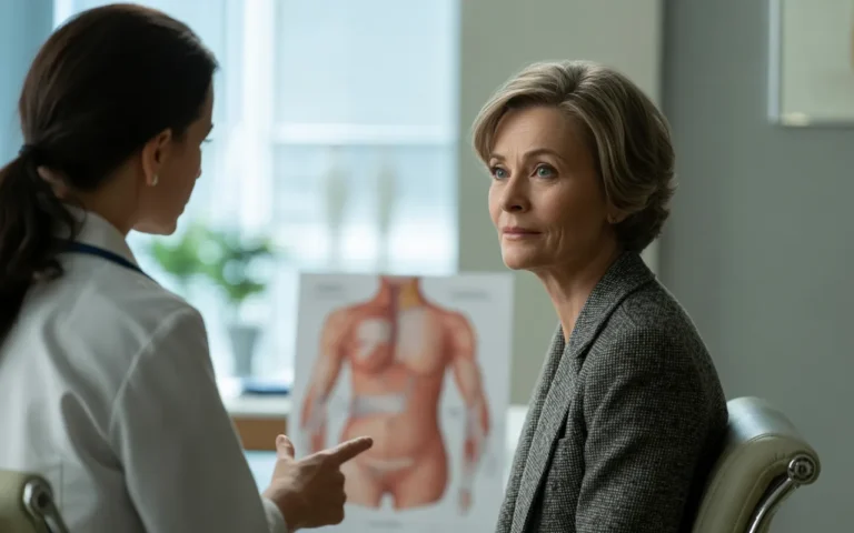 Illustration d’article « Atrophie vaginale après la ménopause : que peut réellement apporter MonaLisa Touch » montrant une femme de 60 ans en consultation gynécologique rassurante dans un cabinet médical moderne.