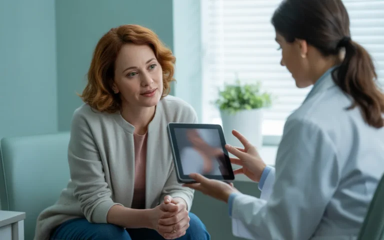Vignette photo-réaliste montrant une femme de 45–55 ans en consultation dans un cabinet gynécologique moderne, écoutant attentivement sa gynécologue qui lui présente sur une tablette un traitement pour la Sécheresse vaginale : symptômes et solutions possibles avec MonaLisa Touch, dans une ambiance lumineuse, douce et rassurante.