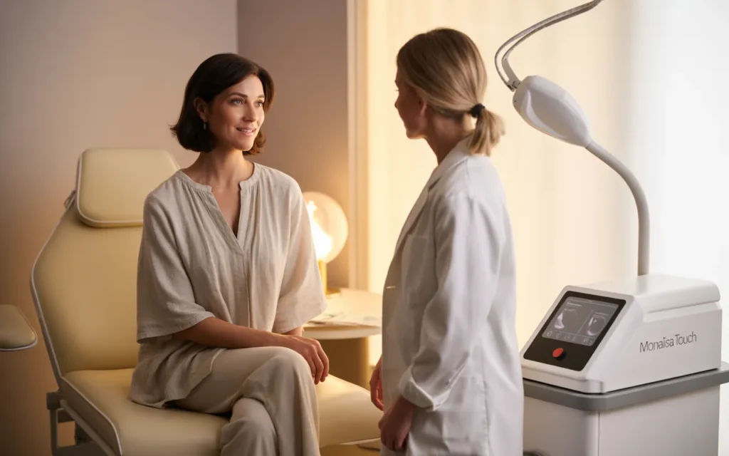 Vignette photo-réaliste montrant une patiente souriante d’environ 50 ans discutant avec sa gynécologue dans un cabinet moderne, près d’un appareil laser non invasif, illustrant le traitement MonaLisa Touch : une alternative non hormonale pour la sécheresse vaginale dans un environnement médical doux et rassurant.
