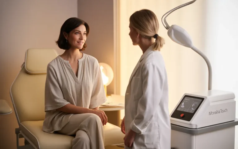 Vignette photo-réaliste montrant une patiente souriante d’environ 50 ans discutant avec sa gynécologue dans un cabinet moderne, près d’un appareil laser non invasif, illustrant le traitement MonaLisa Touch : une alternative non hormonale pour la sécheresse vaginale dans un environnement médical doux et rassurant.