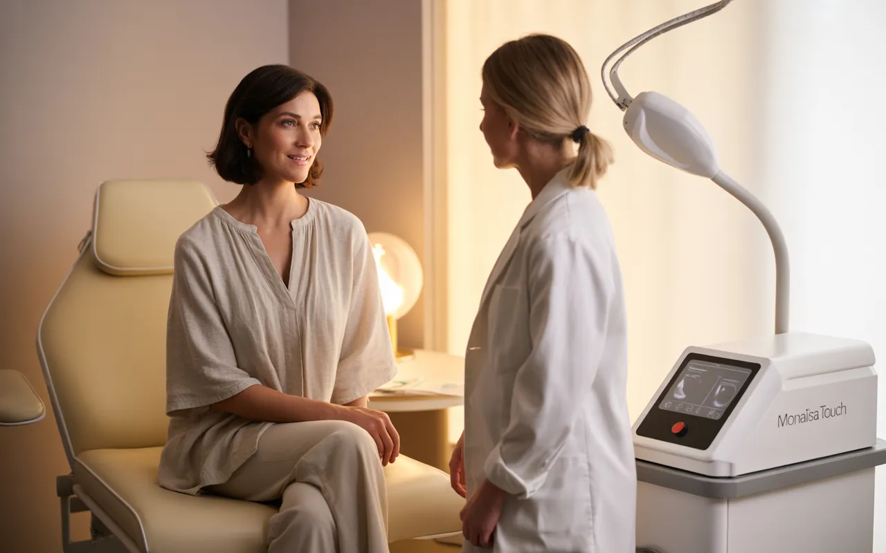 Vignette photo-réaliste montrant une patiente souriante d’environ 50 ans discutant avec sa gynécologue dans un cabinet moderne, près d’un appareil laser non invasif, illustrant le traitement MonaLisa Touch : une alternative non hormonale pour la sécheresse vaginale dans un environnement médical doux et rassurant.