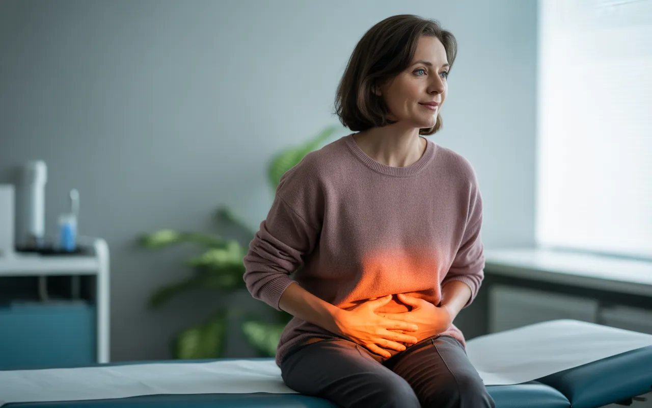 Femme adulte d’environ 40 ans assise de trois‑quarts sur le bord d’un lit d’examen dans un cabinet médical moderne et chaleureux, une main posée avec douceur sur le bas-ventre par-dessus ses vêtements, expression légèrement préoccupée mais apaisée, médecin femme floutée à l’arrière‑plan près d’un appareil médical high-tech discret, illustrant Sécheresse vaginale : les causes principales et le rôle de MonaLisa Touch dans un environnement médical rassurant.