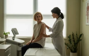 Scène photoréaliste dans un cabinet de gynécologie moderne, montrant une patiente d’âge moyen rassurée par sa gynécologue à côté d’un appareil de laser vaginal high-tech, illustrant MonaLisa Touch laser : comment fonctionne ce traitement et à qui il s’adresse.