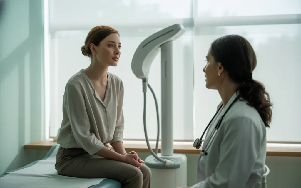 Vignette photo-réaliste montrant une consultation gynécologique dans un cabinet moderne, médecin expliquant calmement le traitement à une patiente devant un appareil médical, illustrant MonaLisa Touch laser : une solution efficace contre l’atrophie et la sécheresse vaginale ?