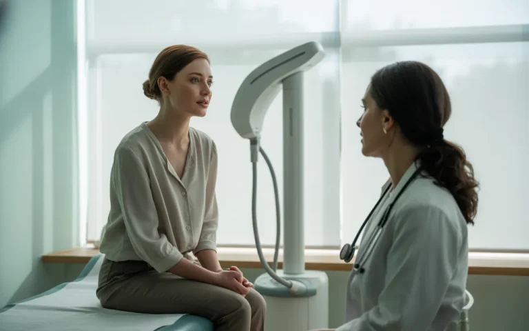 Vignette photo-réaliste montrant une consultation gynécologique dans un cabinet moderne, médecin expliquant calmement le traitement à une patiente devant un appareil médical, illustrant MonaLisa Touch laser : une solution efficace contre l’atrophie et la sécheresse vaginale ?