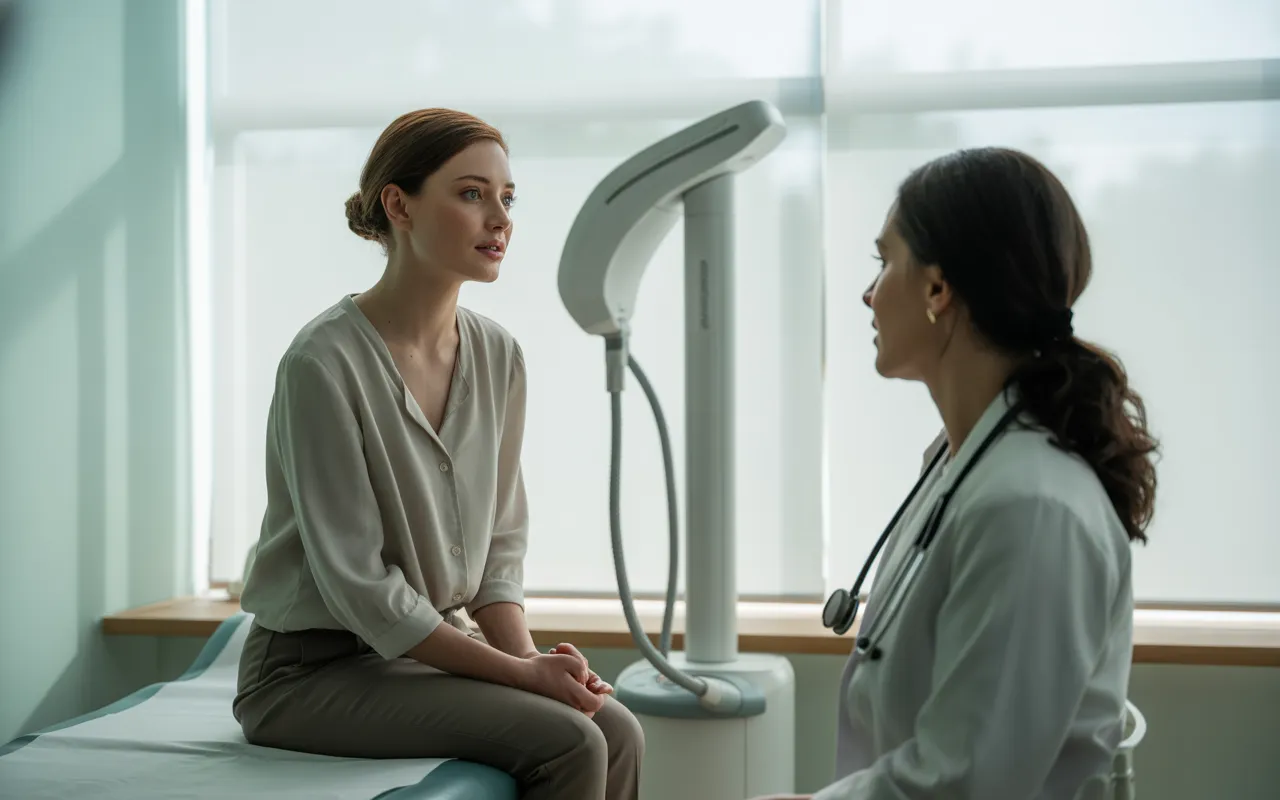 Vignette photo-réaliste montrant une consultation gynécologique dans un cabinet moderne, médecin expliquant calmement le traitement à une patiente devant un appareil médical, illustrant MonaLisa Touch laser : une solution efficace contre l’atrophie et la sécheresse vaginale ?