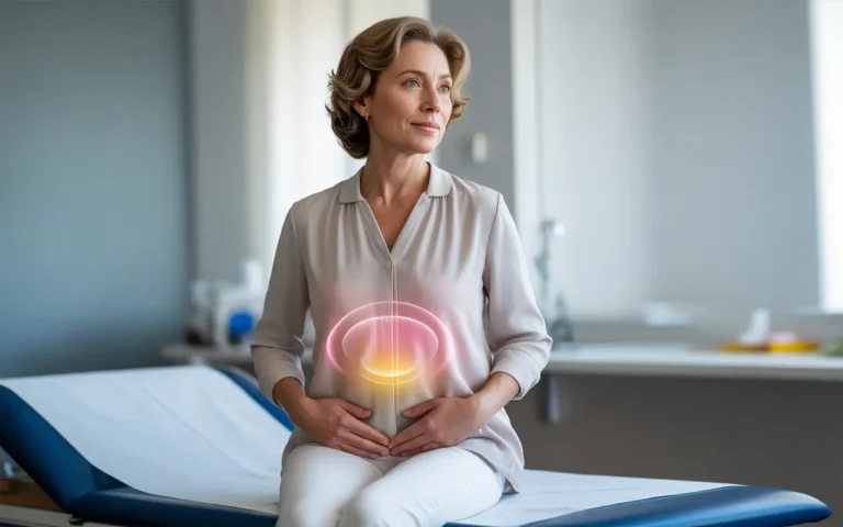 Atrophie vaginale : comment MonaLisa Touch agit pour restaurer la muqueuse vaginale – femme de 50-60 ans assise en plan taille sur un lit d’examen dans un cabinet médical moderne et lumineux, en blouse claire, visage serein avec léger sourire, mains posées sur le bas-ventre, halo lumineux rose pâle et doré discret autour de la région pelvienne suggérant la régénération, arrière-plan médical flou, style photo-réaliste haute résolution.