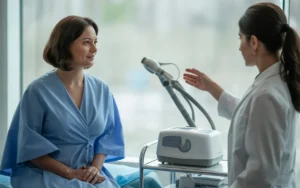 Vignette photo-réaliste montrant une consultation gynécologique pour le traitement MonaLisa Touch : tout comprendre sur ce traitement au laser vaginal, avec une patiente de 50 ans en blouse d’examen assise sur une table, une gynécologue rassurante en blouse blanche et, au premier plan, un appareil de laser vaginal moderne dans un cabinet lumineux et propre.
