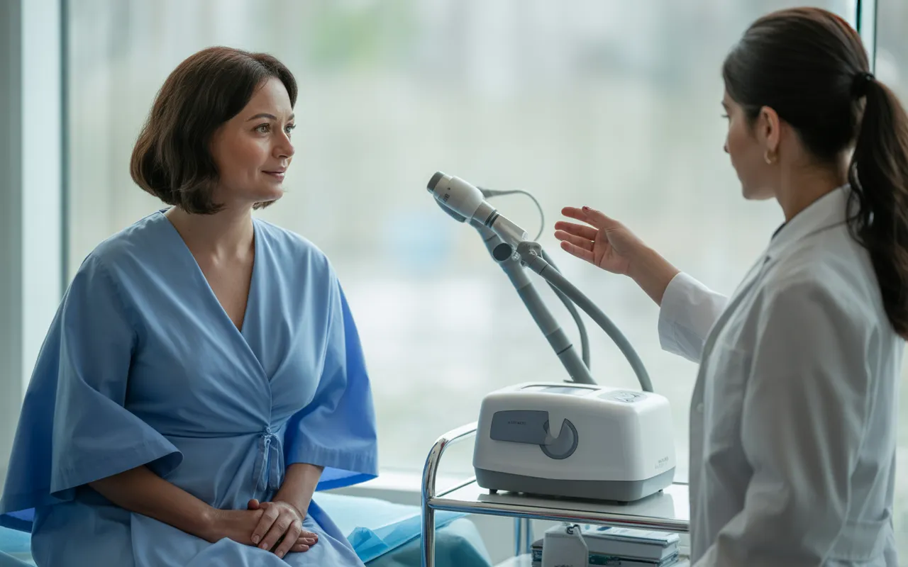 Vignette photo-réaliste montrant une consultation gynécologique pour le traitement MonaLisa Touch : tout comprendre sur ce traitement au laser vaginal, avec une patiente de 50 ans en blouse d’examen assise sur une table, une gynécologue rassurante en blouse blanche et, au premier plan, un appareil de laser vaginal moderne dans un cabinet lumineux et propre.