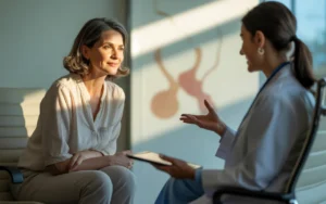 Femme de 50 ans soulagée après une consultation chez la gynécologue dans un cabinet médical moderne et chaleureux, discutant d’un traitement sur une tablette floutée, illustrant le thème « Sécheresse vaginale : en quoi le traitement MonaLisa Touch peut faire la différence ».