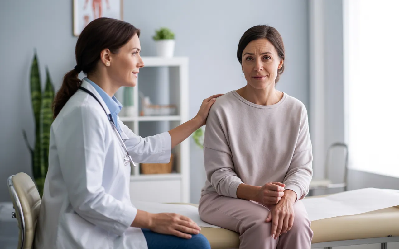 Vignette d’article de santé montrant une femme de 50 ans discutant avec son gynécologue dans un cabinet moderne et lumineux, illustrant « Sécheresse vaginale persistante : quand envisager le traitement MonaLisa Touch ».